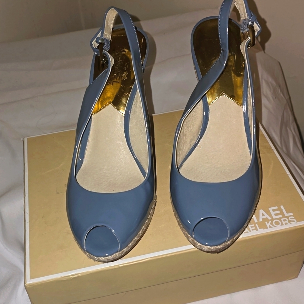 MICHAEL Michael Kors Women"s Keegan Sling  Wedge Patent Surf Heels 8M
